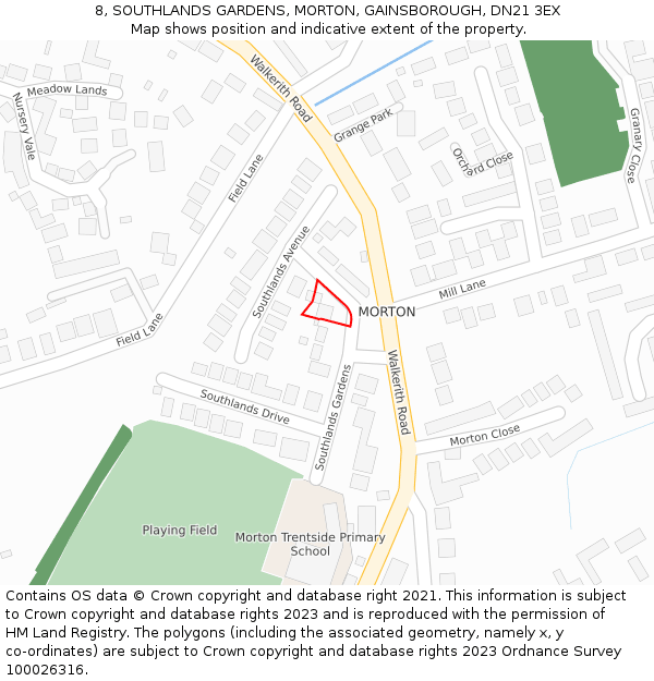 8, SOUTHLANDS GARDENS, MORTON, GAINSBOROUGH, DN21 3EX: Location map and indicative extent of plot