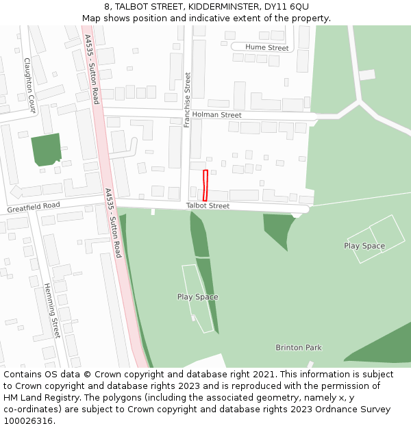 8, TALBOT STREET, KIDDERMINSTER, DY11 6QU: Location map and indicative extent of plot