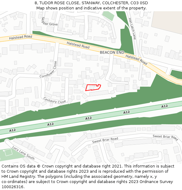 8, TUDOR ROSE CLOSE, STANWAY, COLCHESTER, CO3 0SD: Location map and indicative extent of plot