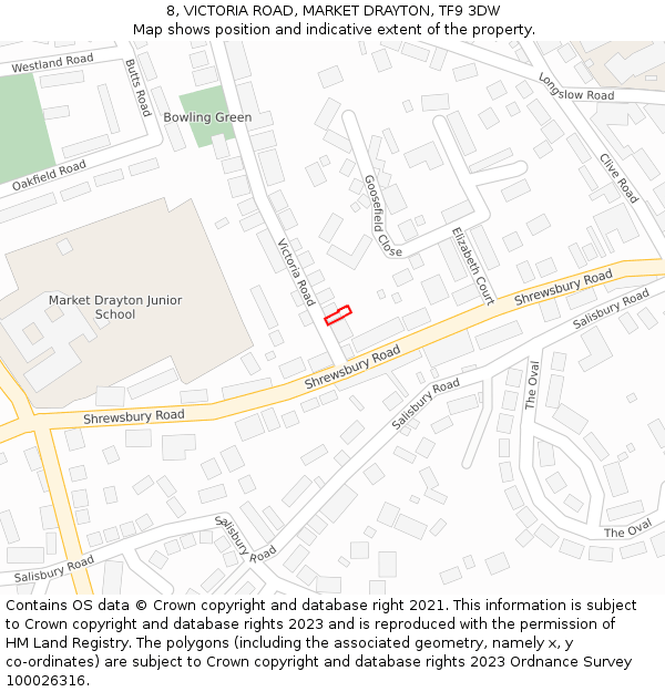 8, VICTORIA ROAD, MARKET DRAYTON, TF9 3DW: Location map and indicative extent of plot