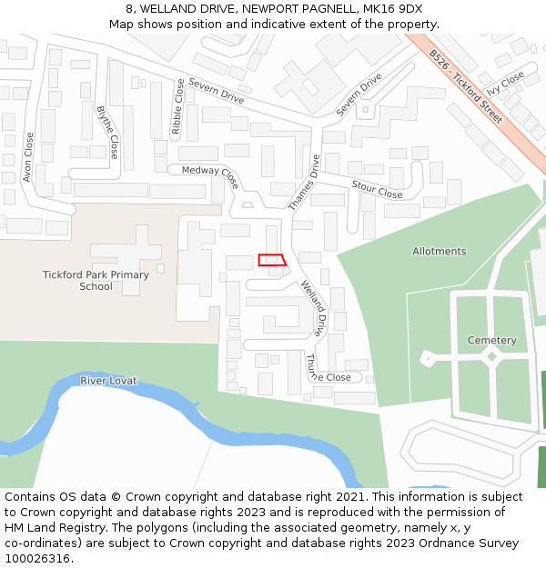 8, WELLAND DRIVE, NEWPORT PAGNELL, MK16 9DX: Location map and indicative extent of plot