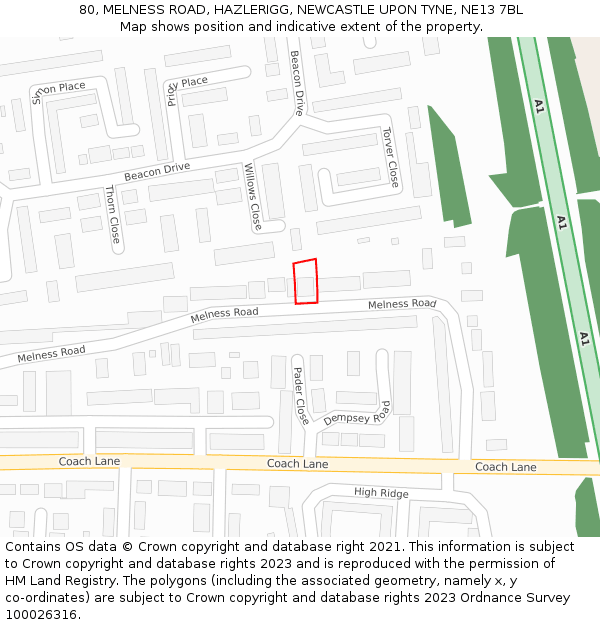 80, MELNESS ROAD, HAZLERIGG, NEWCASTLE UPON TYNE, NE13 7BL: Location map and indicative extent of plot