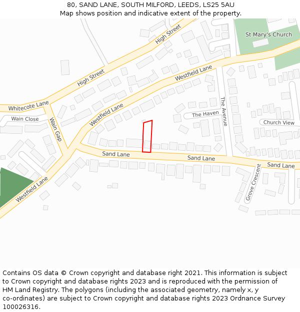80, SAND LANE, SOUTH MILFORD, LEEDS, LS25 5AU: Location map and indicative extent of plot