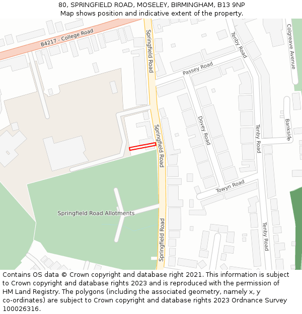 80, SPRINGFIELD ROAD, MOSELEY, BIRMINGHAM, B13 9NP: Location map and indicative extent of plot