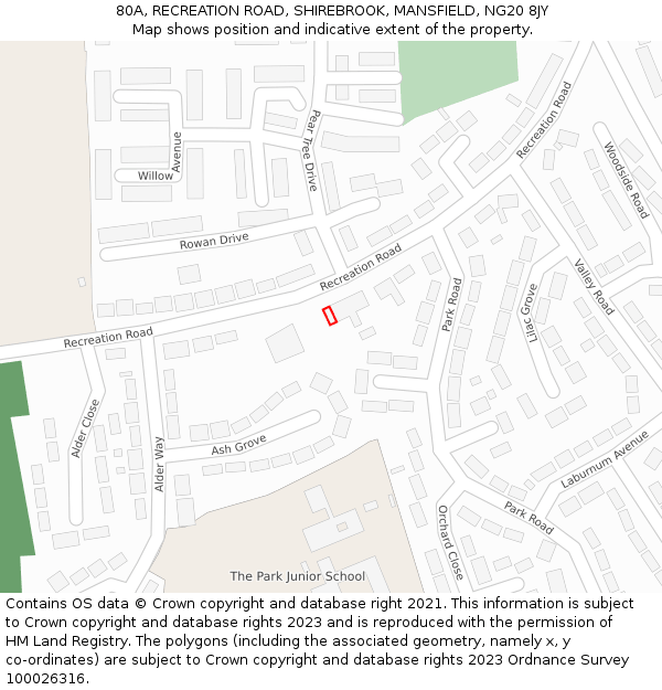 80A, RECREATION ROAD, SHIREBROOK, MANSFIELD, NG20 8JY: Location map and indicative extent of plot
