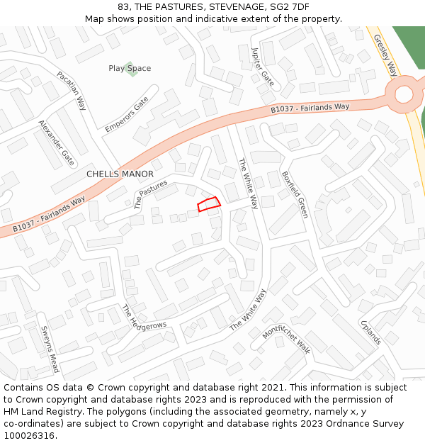 83, THE PASTURES, STEVENAGE, SG2 7DF: Location map and indicative extent of plot