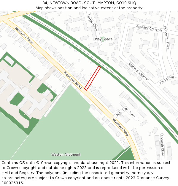 84, NEWTOWN ROAD, SOUTHAMPTON, SO19 9HQ: Location map and indicative extent of plot