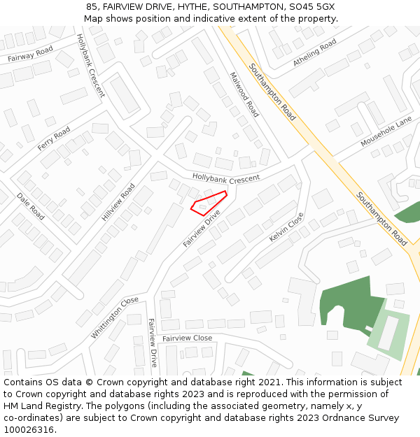 85, FAIRVIEW DRIVE, HYTHE, SOUTHAMPTON, SO45 5GX: Location map and indicative extent of plot