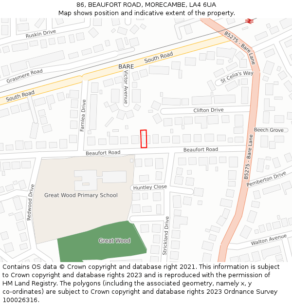 86, BEAUFORT ROAD, MORECAMBE, LA4 6UA: Location map and indicative extent of plot