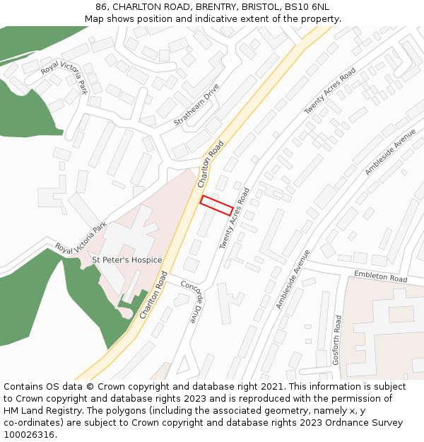 86, CHARLTON ROAD, BRENTRY, BRISTOL, BS10 6NL: Location map and indicative extent of plot