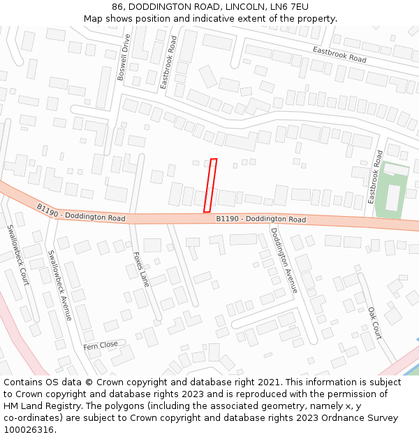 86, DODDINGTON ROAD, LINCOLN, LN6 7EU: Location map and indicative extent of plot