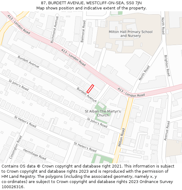 87, BURDETT AVENUE, WESTCLIFF-ON-SEA, SS0 7JN: Location map and indicative extent of plot