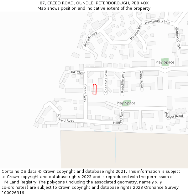 87, CREED ROAD, OUNDLE, PETERBOROUGH, PE8 4QX: Location map and indicative extent of plot