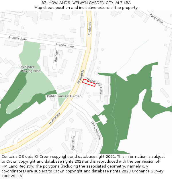 87, HOWLANDS, WELWYN GARDEN CITY, AL7 4RA: Location map and indicative extent of plot