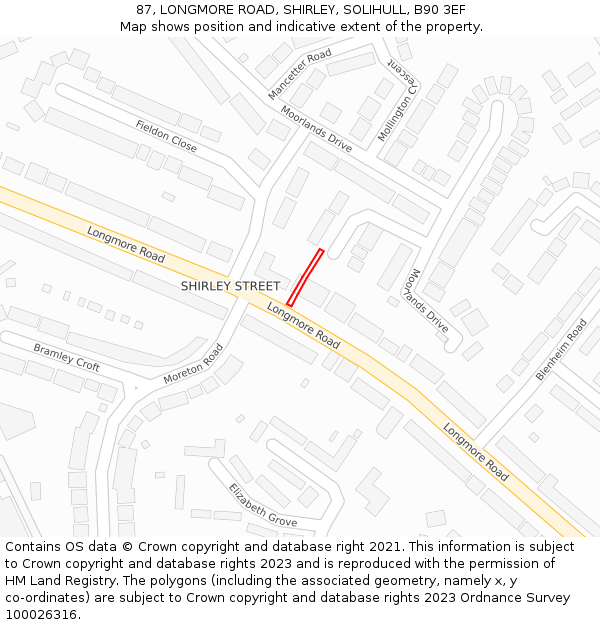 87, LONGMORE ROAD, SHIRLEY, SOLIHULL, B90 3EF: Location map and indicative extent of plot