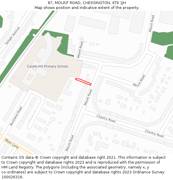 87, MOUNT ROAD, CHESSINGTON, KT9 1JH: Location map and indicative extent of plot