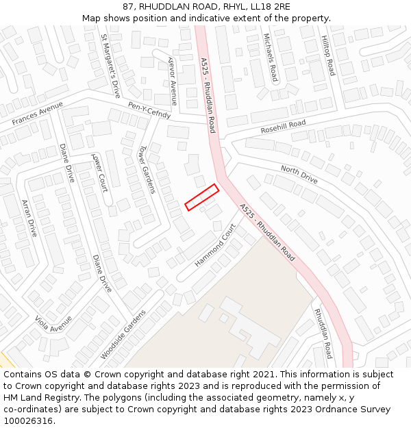 87, RHUDDLAN ROAD, RHYL, LL18 2RE: Location map and indicative extent of plot