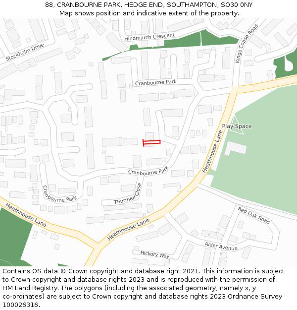 88, CRANBOURNE PARK, HEDGE END, SOUTHAMPTON, SO30 0NY: Location map and indicative extent of plot