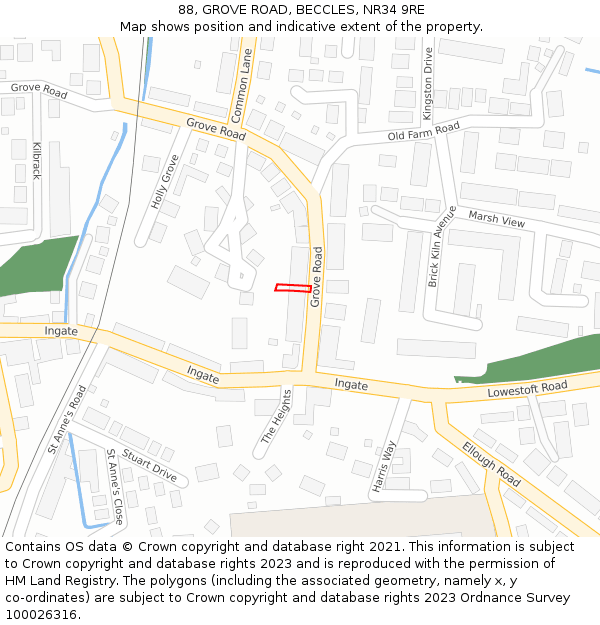 88, GROVE ROAD, BECCLES, NR34 9RE: Location map and indicative extent of plot