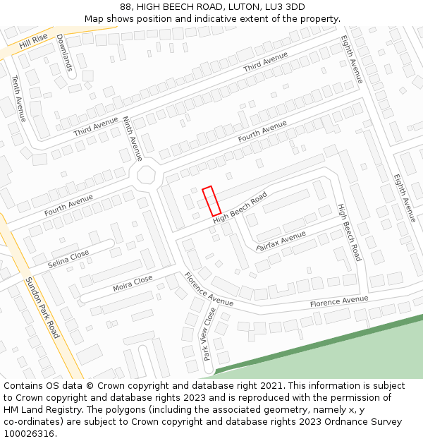 88, HIGH BEECH ROAD, LUTON, LU3 3DD: Location map and indicative extent of plot