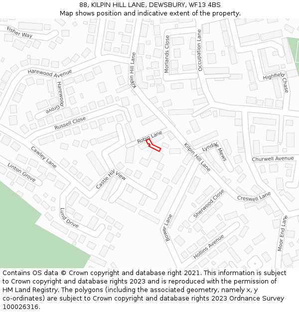 88, KILPIN HILL LANE, DEWSBURY, WF13 4BS: Location map and indicative extent of plot
