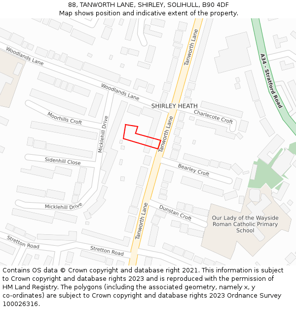 88, TANWORTH LANE, SHIRLEY, SOLIHULL, B90 4DF: Location map and indicative extent of plot