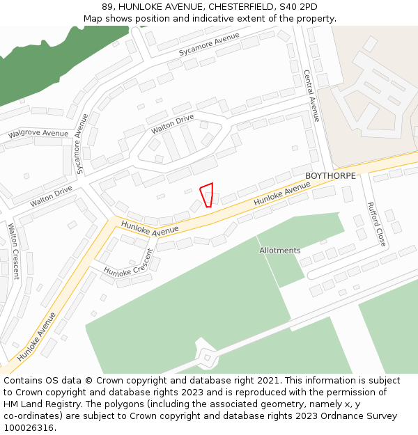 89, HUNLOKE AVENUE, CHESTERFIELD, S40 2PD: Location map and indicative extent of plot