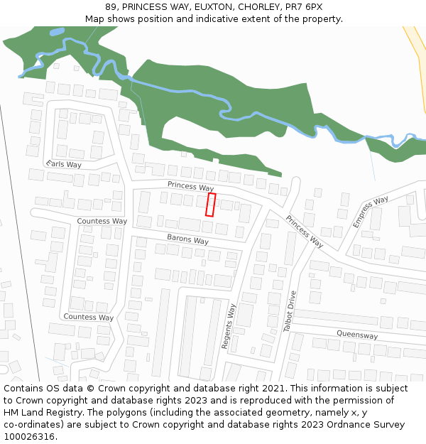 89, PRINCESS WAY, EUXTON, CHORLEY, PR7 6PX: Location map and indicative extent of plot