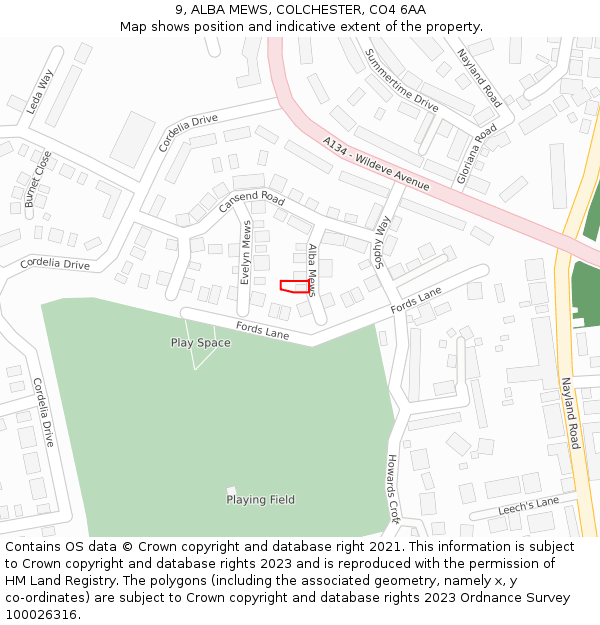 9, ALBA MEWS, COLCHESTER, CO4 6AA: Location map and indicative extent of plot
