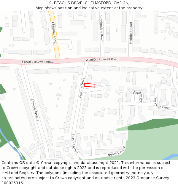 9, BEACHS DRIVE, CHELMSFORD, CM1 2NJ: Location map and indicative extent of plot