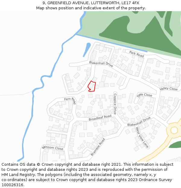 9, GREENFIELD AVENUE, LUTTERWORTH, LE17 4FX: Location map and indicative extent of plot