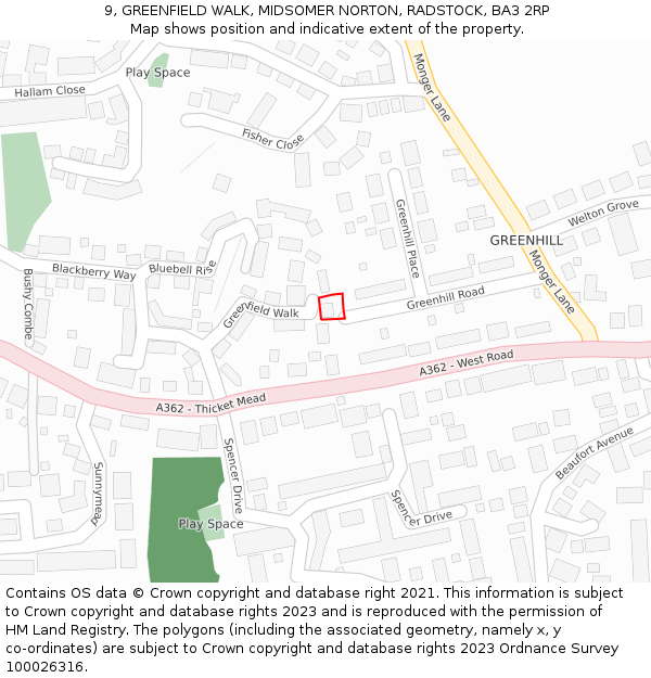 9, GREENFIELD WALK, MIDSOMER NORTON, RADSTOCK, BA3 2RP: Location map and indicative extent of plot