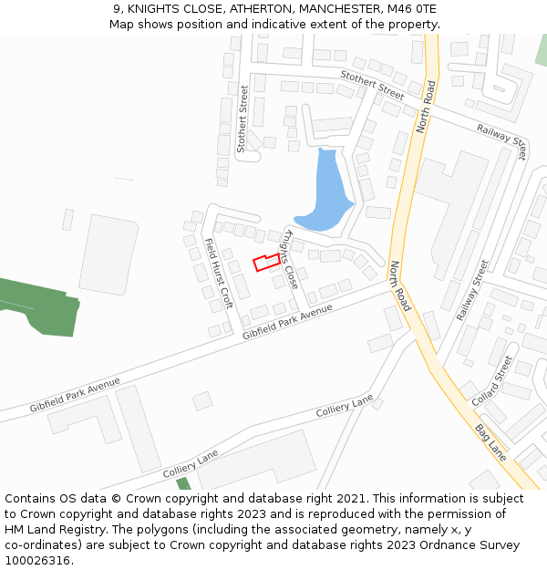 9, KNIGHTS CLOSE, ATHERTON, MANCHESTER, M46 0TE: Location map and indicative extent of plot