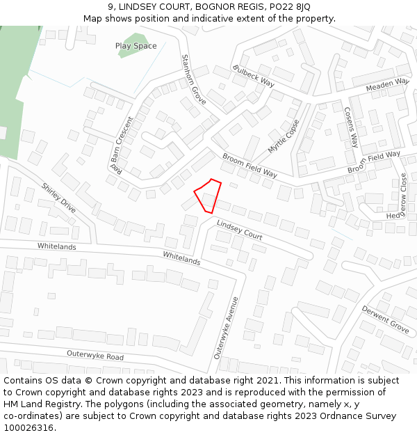 9, LINDSEY COURT, BOGNOR REGIS, PO22 8JQ: Location map and indicative extent of plot
