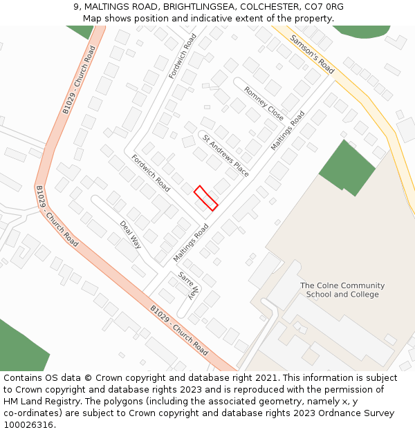 9, MALTINGS ROAD, BRIGHTLINGSEA, COLCHESTER, CO7 0RG: Location map and indicative extent of plot