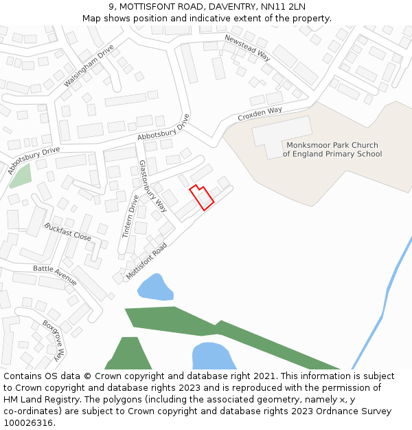 9, MOTTISFONT ROAD, DAVENTRY, NN11 2LN: Location map and indicative extent of plot
