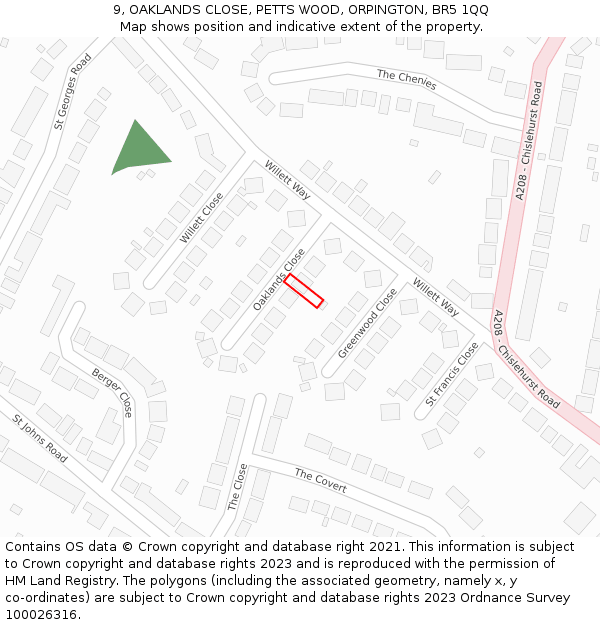 9, OAKLANDS CLOSE, PETTS WOOD, ORPINGTON, BR5 1QQ: Location map and indicative extent of plot