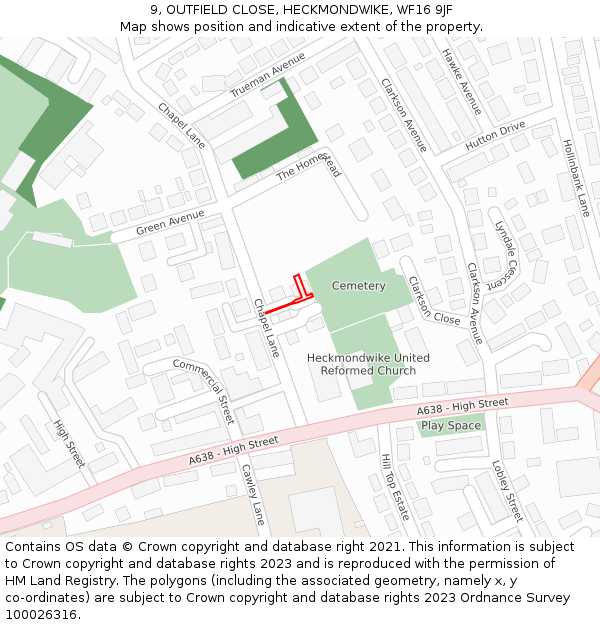 9, OUTFIELD CLOSE, HECKMONDWIKE, WF16 9JF: Location map and indicative extent of plot