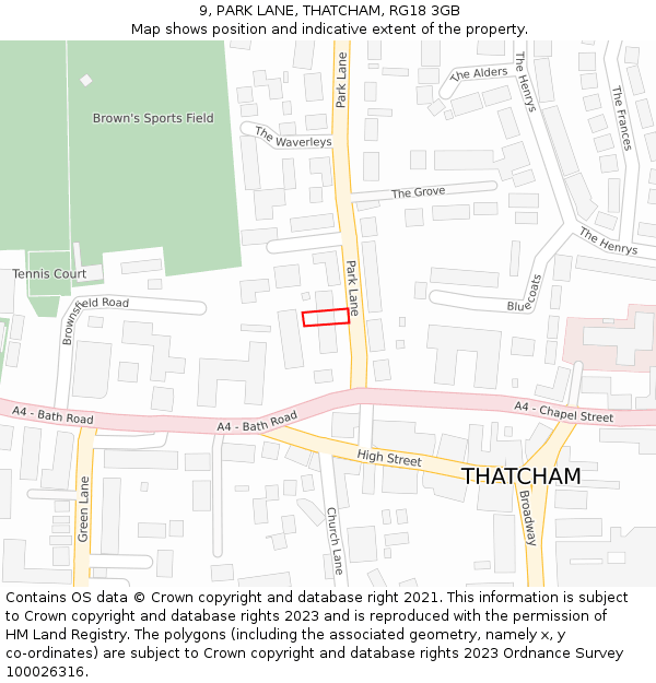 9, PARK LANE, THATCHAM, RG18 3GB: Location map and indicative extent of plot