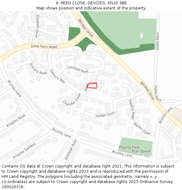 9, REED CLOSE, DEVIZES, SN10 3BE: Location map and indicative extent of plot