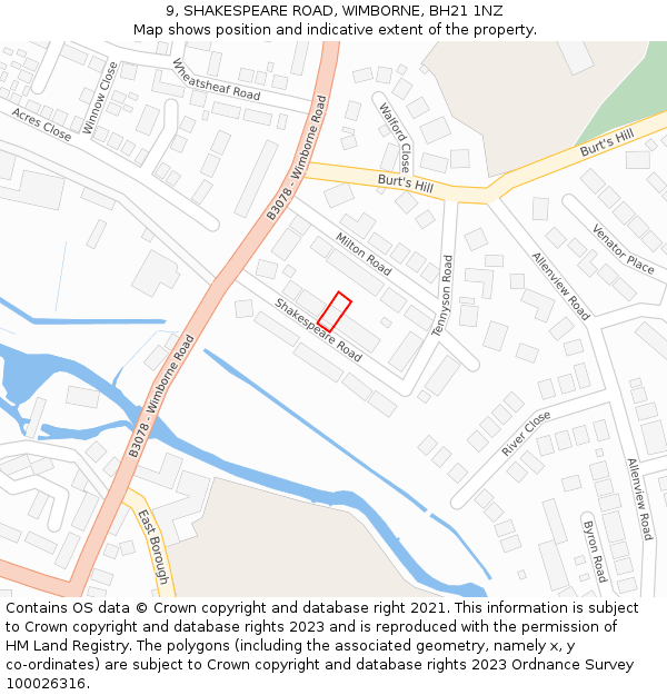 9, SHAKESPEARE ROAD, WIMBORNE, BH21 1NZ: Location map and indicative extent of plot
