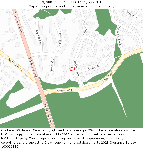 9, SPRUCE DRIVE, BRANDON, IP27 0UT: Location map and indicative extent of plot