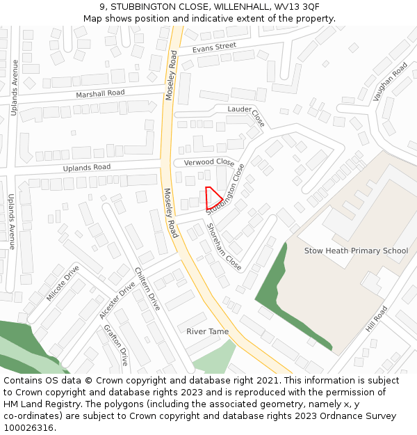 9, STUBBINGTON CLOSE, WILLENHALL, WV13 3QF: Location map and indicative extent of plot