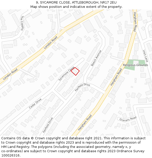 9, SYCAMORE CLOSE, ATTLEBOROUGH, NR17 2EU: Location map and indicative extent of plot