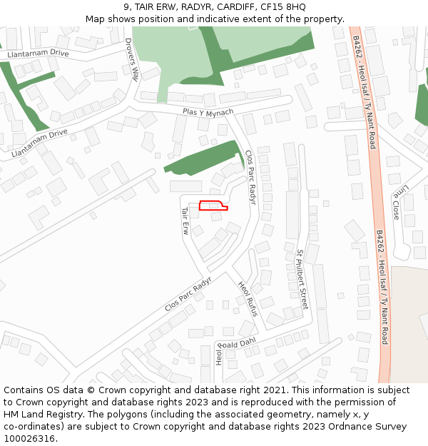 9, TAIR ERW, RADYR, CARDIFF, CF15 8HQ: Location map and indicative extent of plot