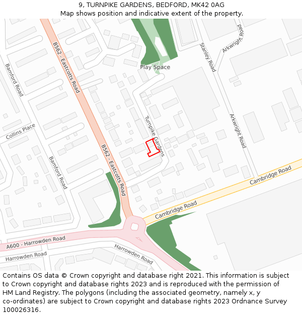 9, TURNPIKE GARDENS, BEDFORD, MK42 0AG: Location map and indicative extent of plot