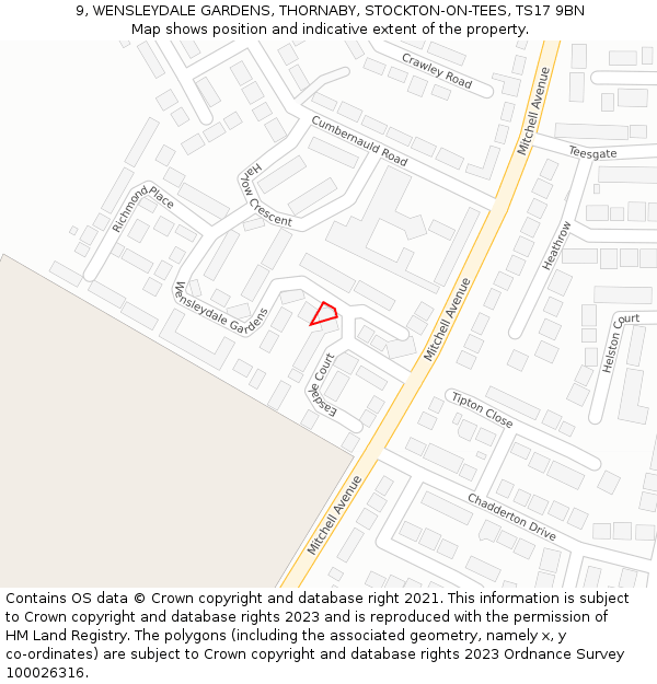 9, WENSLEYDALE GARDENS, THORNABY, STOCKTON-ON-TEES, TS17 9BN: Location map and indicative extent of plot