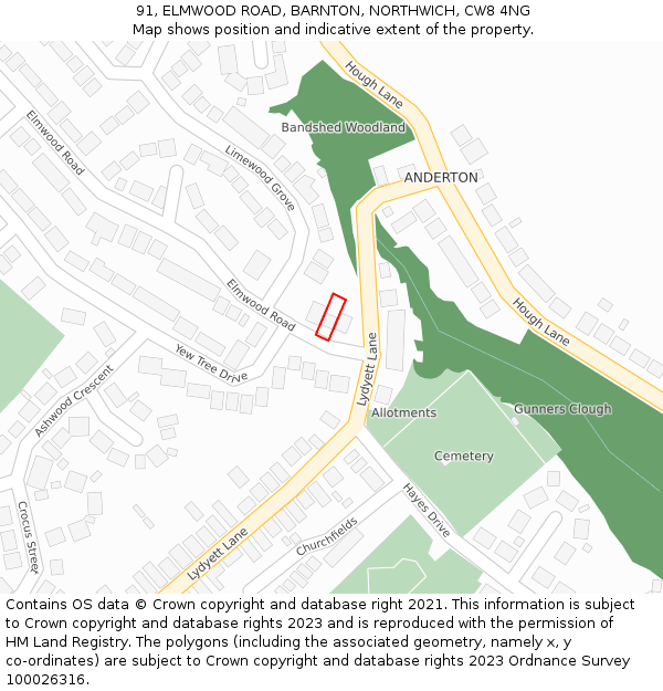 91, ELMWOOD ROAD, BARNTON, NORTHWICH, CW8 4NG: Location map and indicative extent of plot