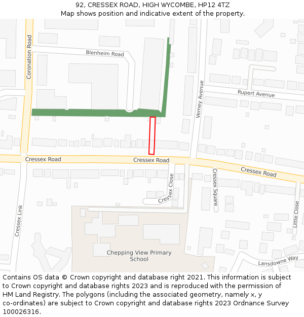 92, CRESSEX ROAD, HIGH WYCOMBE, HP12 4TZ: Location map and indicative extent of plot