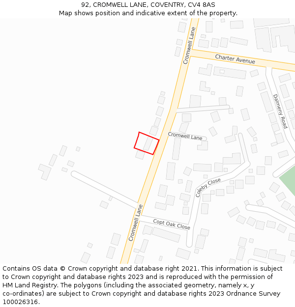92, CROMWELL LANE, COVENTRY, CV4 8AS: Location map and indicative extent of plot
